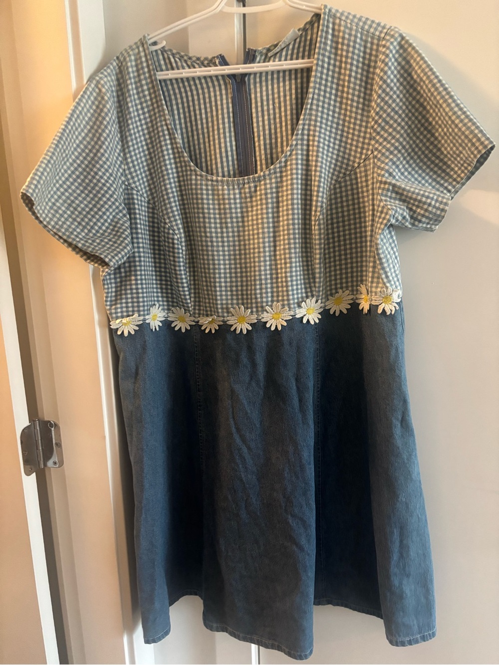Blue Gingham & Denim Daisy Trim Dress